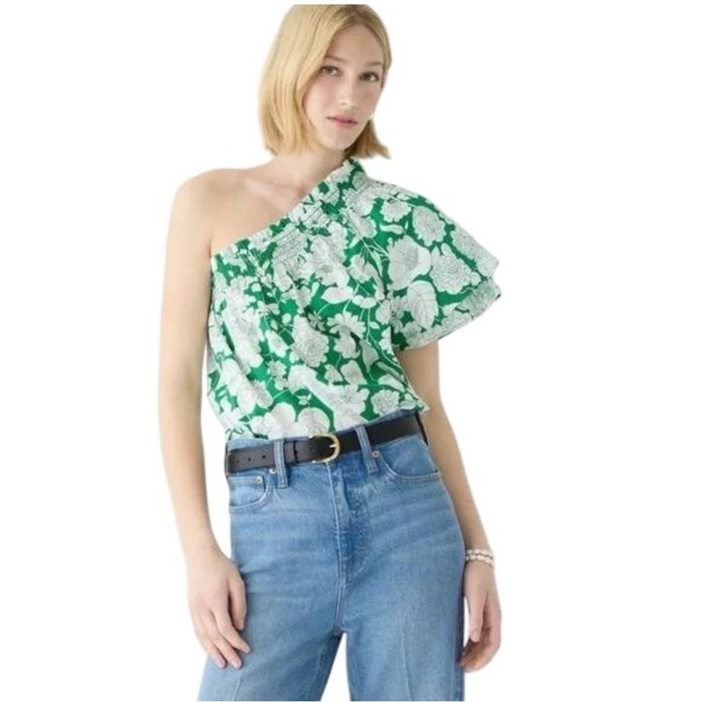 J. Crew Women’s Green Floral One-Shoulder Blouse Size Small